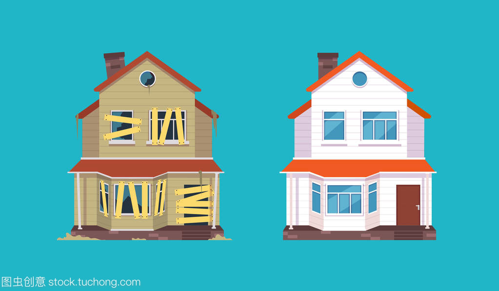 Home renovation. House before and after repair. New and old suburban cottage. Isolated vector illustration